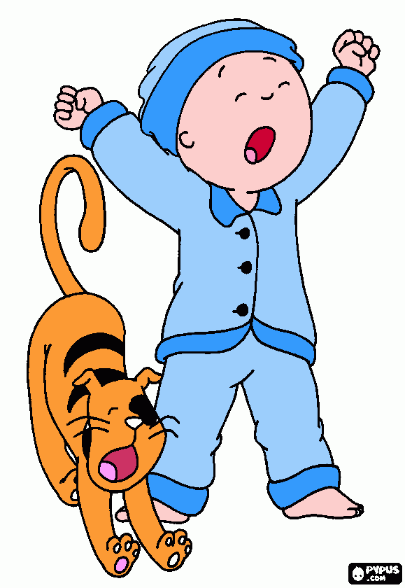 caillou with his cat in the morning when waking up coloring page