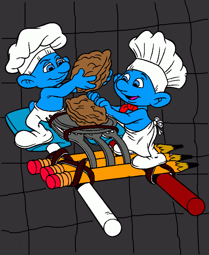 Chef and Baker Smurf loading Smurf catapault coloring page