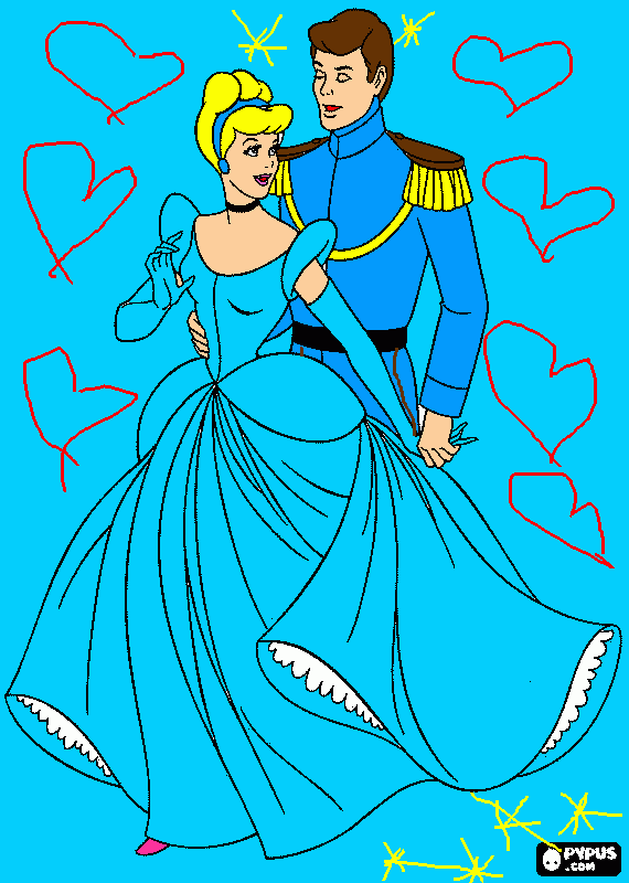 Cinderella and Prince hearts and stars coloring page