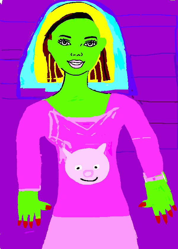 drawing green female ogre in pink with a pig coloring page