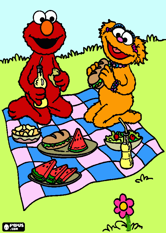 elmo and zoe having a picnic coloring page