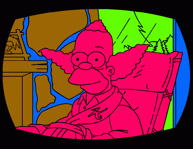 Krusty the clown at home in a scene from his show on TV coloring page