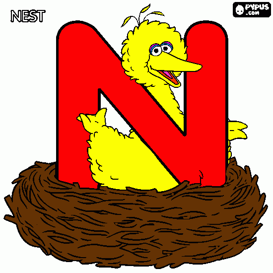 letter n with big bird in the nest coloring page