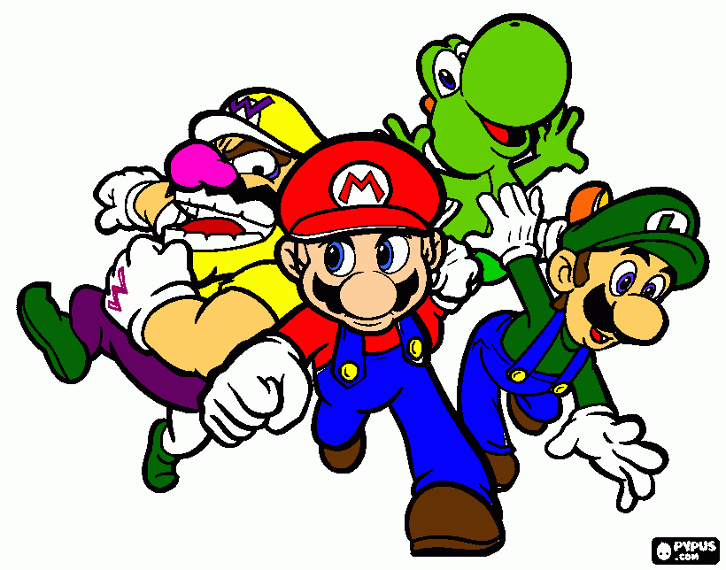 mario,wario,yoshi, and luigi coloring page