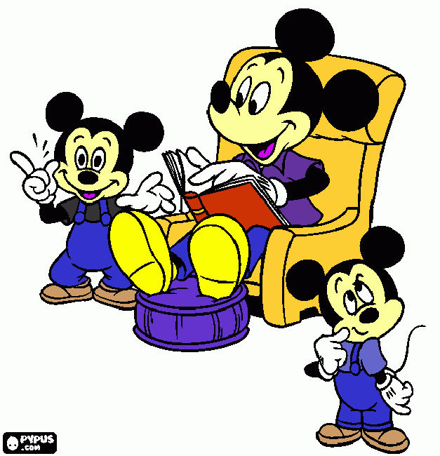 mickey reading a book to his children. coloring page