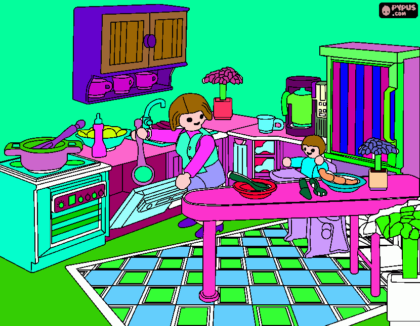 Mother and baby in Playmobil house coloring page