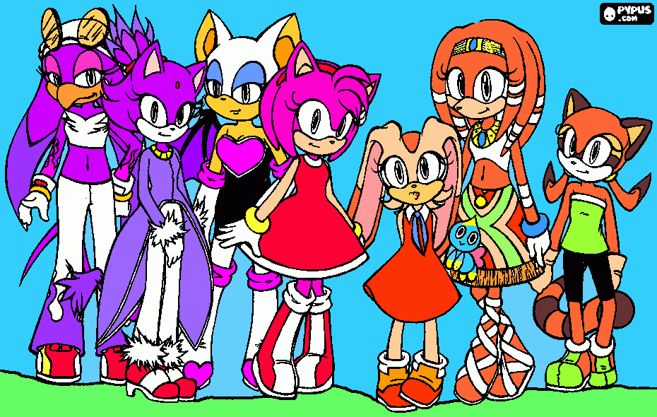 my characters are amy,cream,tikal,marine,rouge,blaze and wave. coloring page