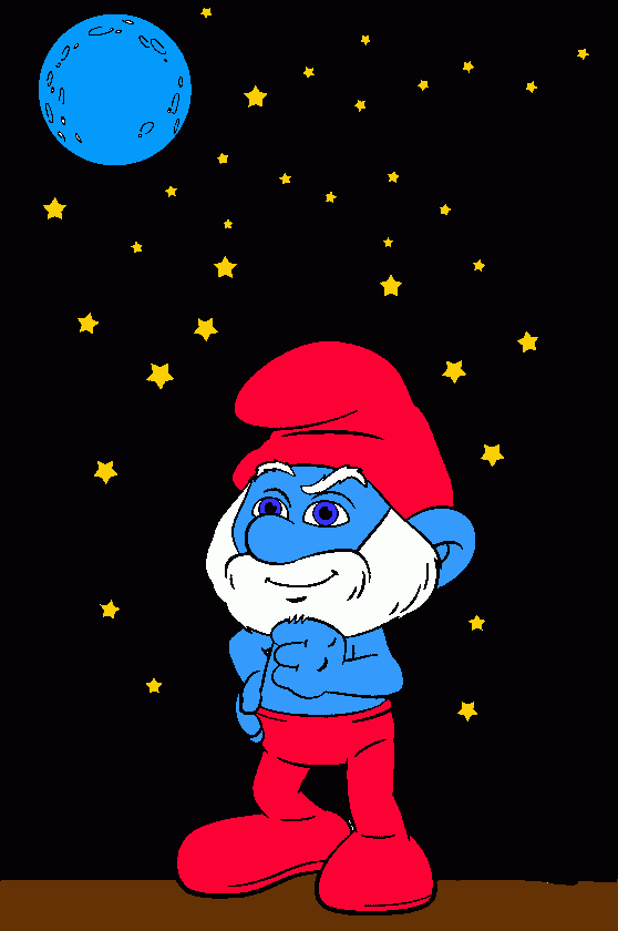Papa Smurf standing with starry background and blue moon coloring page