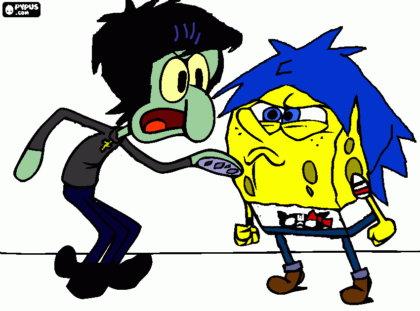 Spongebob and Squidward as 2-D and Murdoc (Gorillaz) coloring page
