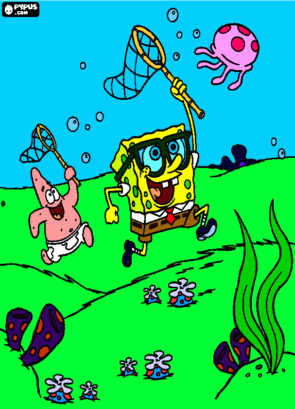 SpongeBob SquarePants & Patrick SeaStar(or Patrick Star) goes jellyfishing in Jellyfish Fields coloring page
