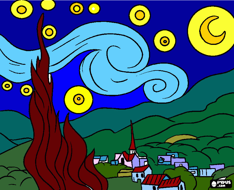 Starry night by Vincent Van Gogh coloring page