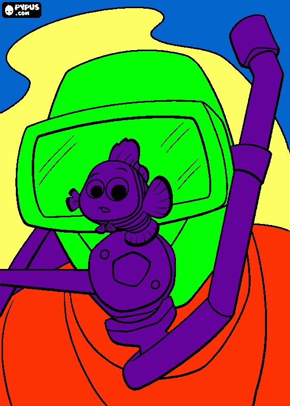 The little Nemo scared in front of the diver  coloring page