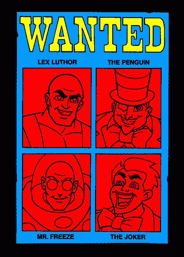 The Super Friends villains in a wanted poster coloring page