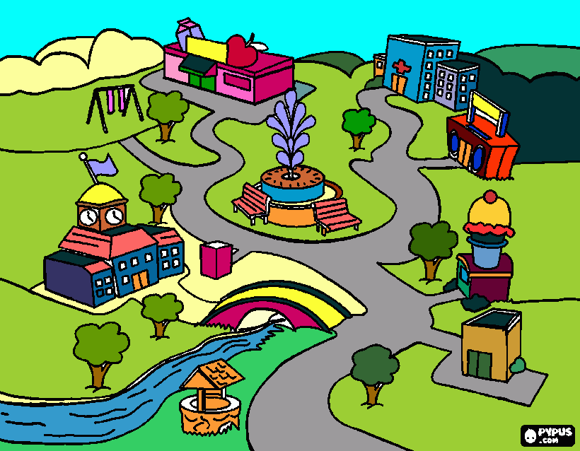 Town with bridge and river coloring page