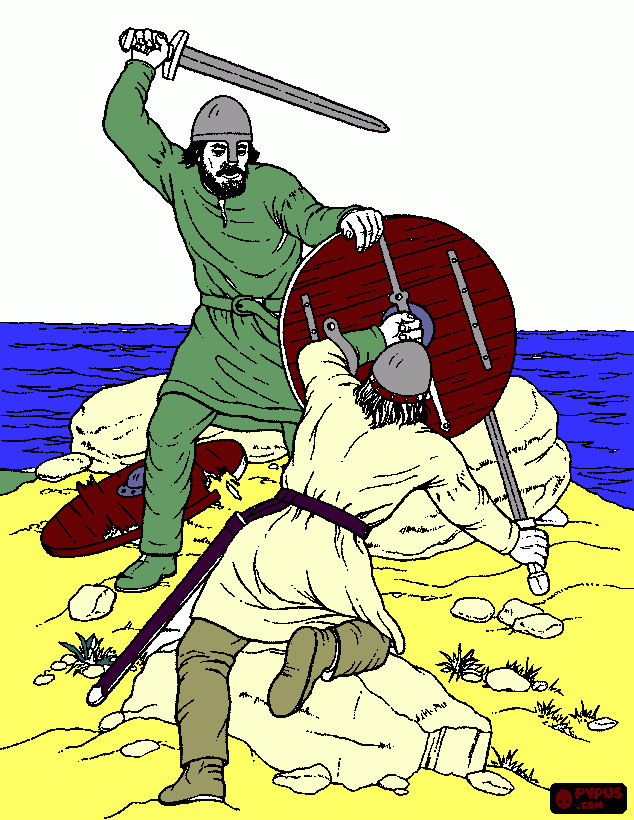 two viking warriors fighting coloring page