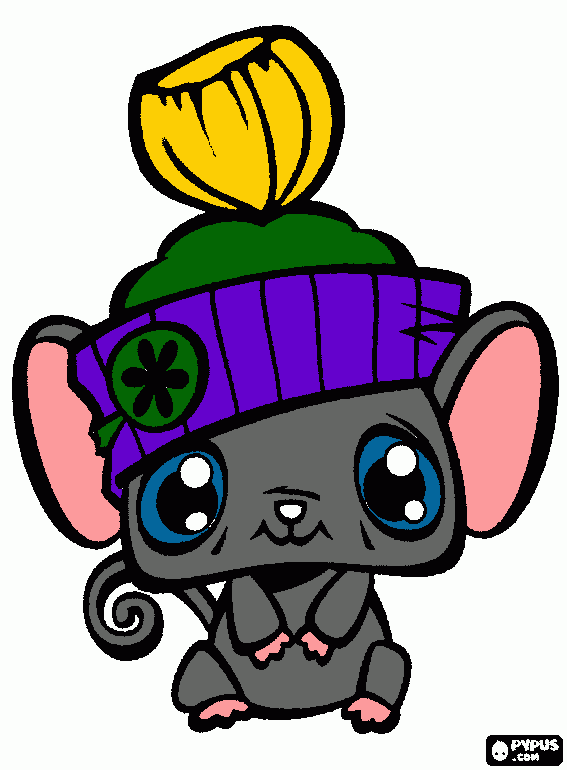 yellow tassle,green hat top and button, purple band, light pink ears hands and feet, grey body, hot pink background, blue eyes coloring page