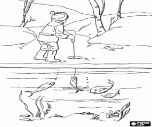 A child fishing in a frozen river coloring page