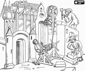 A gothic cathedral under construction coloring page