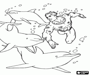A man swimming with dolphins coloring page