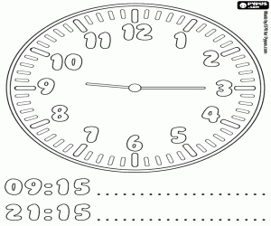 A quarter past nine in the clock coloring page