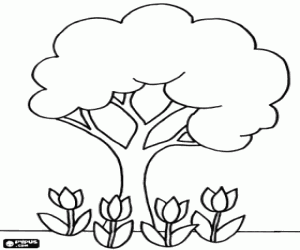 A tree with tulips around coloring page