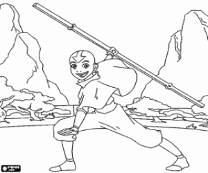 Aang with the fighting stick coloring page