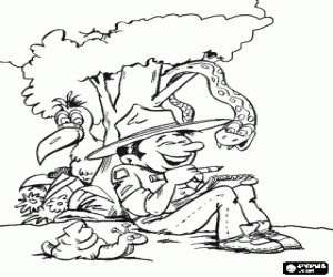 An adventurer and the animals coloring page