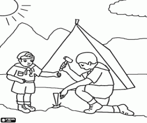 Adventurers and camping tent coloring page