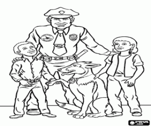 Agent and police dog with children coloring page