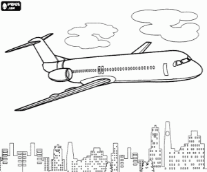 Airliner over the city coloring page
