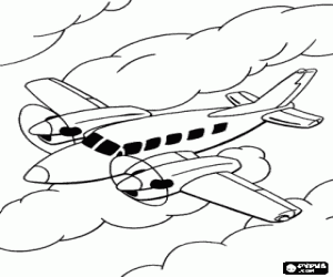 Airplane with propellers in clouds coloring page