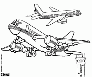 The airplanes and the control tower coloring page