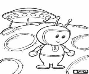 An alien with the spaceship coloring page