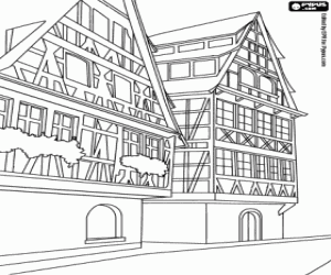 Alpine-style buildings coloring page