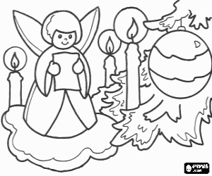 Angel, candles and Christmas tree coloring page