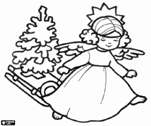 An angel, sled and Christmas tree coloring page