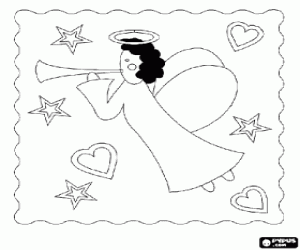 An angel, stars and hearts coloring page