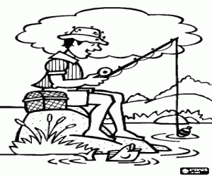An angler on a rock coloring page