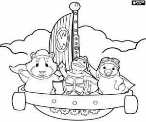 The animals in their flying ship coloring page