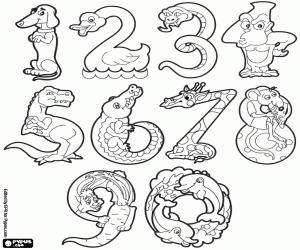Animals and numbers from 0 to 9 coloring page