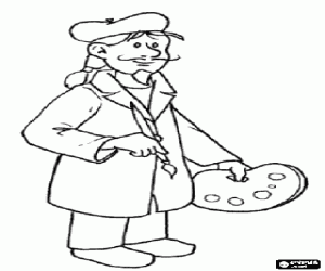 The artist painter in action coloring page