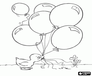 Baby duck with balloons at the beak coloring page