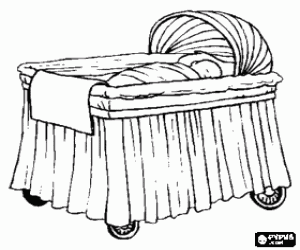 Baby in a crib or cot decorated with skirts  coloring page