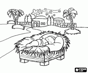 The baby Jesus sleeps in Bethlehem coloring page