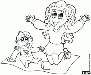 The baby with the nanny coloring page