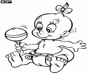 Baby playing with a rattle coloring page