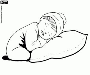 The baby sleeping on a cushion coloring page