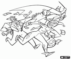 Batman chasing his enemies, the Joker and Harley Quinn coloring page