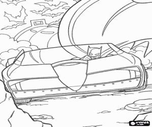 Batman in his Batmobile by the sky of Gotham City followed by the bats coloring page