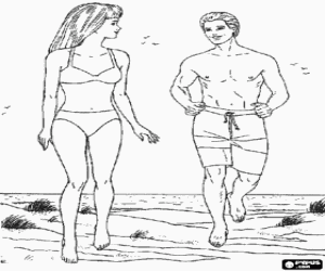 On the beach with Ken and Barbie coloring page